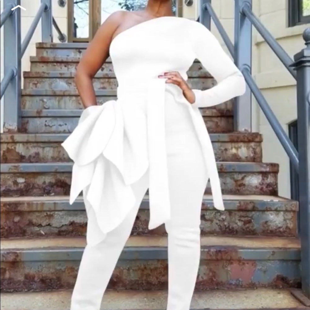 One shoulder white jumpsuit